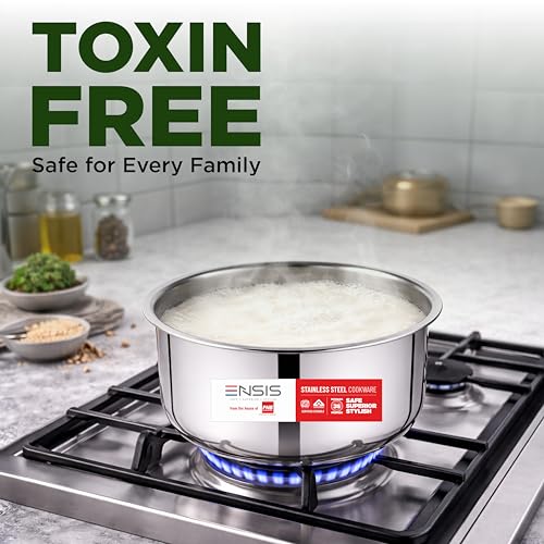 Image of ENSIS 18cm Triply Tope with Steel Lid (2.25 Litre) Heavy Duty Stainless Steel Patila /Bhagona for Milk & Tea, Induction Friendly, 5 Year Warranty