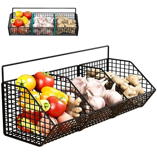 DXQCHDUO Obstkorb aus Metall zum Aufhängen für Küchenwand, 3 Gitter, Metalldraht, Obst- und Gemüsekörbe, Badezimmer-Wand-Aufbewahrungskorb, rostbeständig, stabile Obst- und Gemüsekörbe (schwarz)