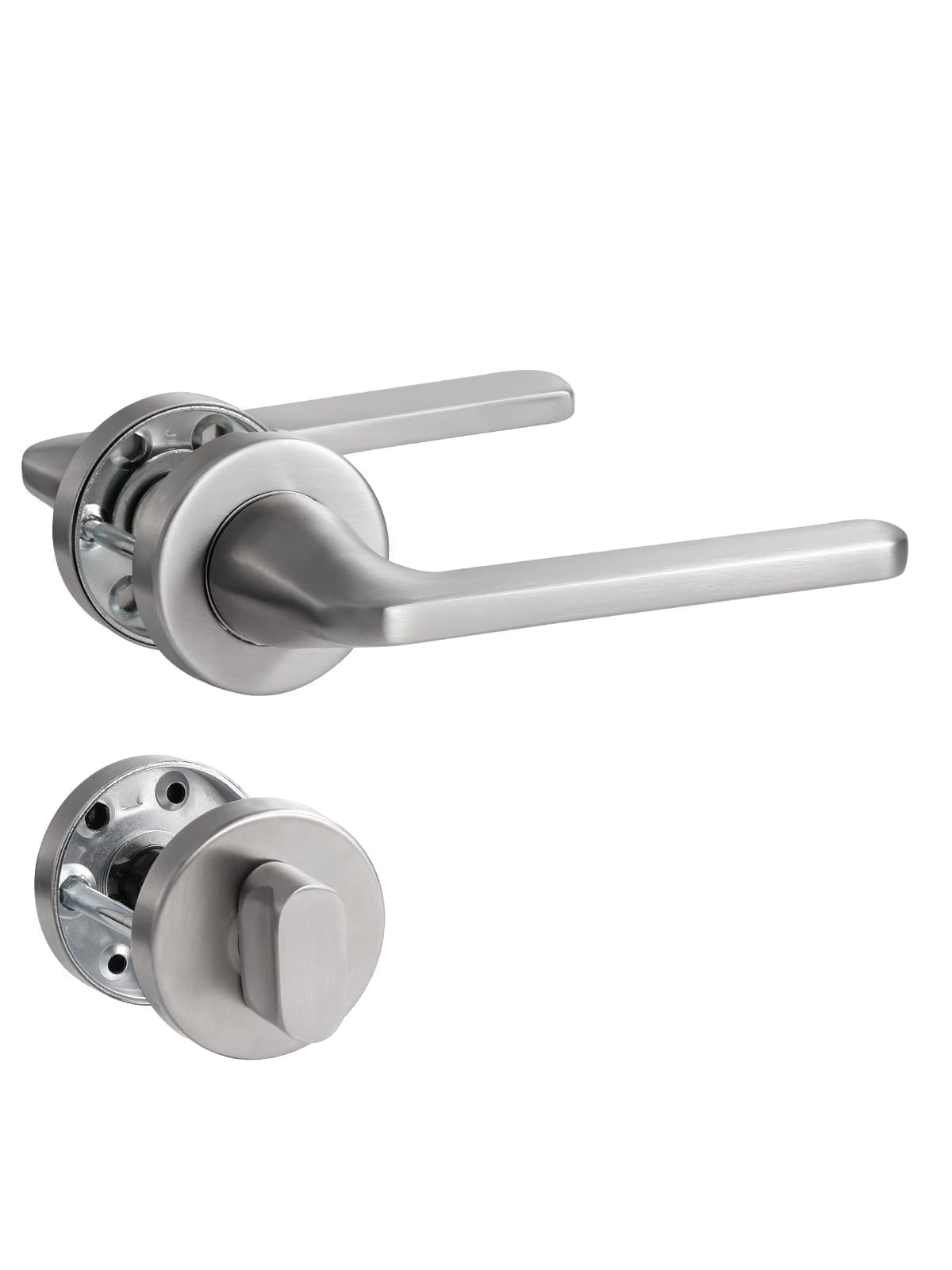 SORWDUERM Nickel Door Handle Set, Matte Brushed Stainless Steel, L Shape Round Rosette WC Profile Cylinder for Front & Interior Doors