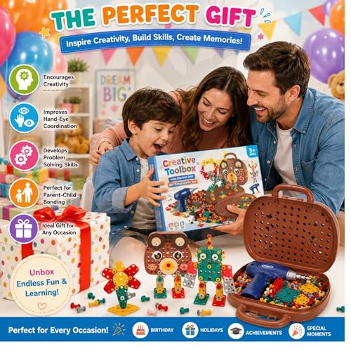 Image of Creative Tool Box Building Set with Electric Drill & Screwdriver | 203 Pieces Mosaic Puzzle Construction Toy, STEM Learning Kit with Colorful Nuts & Bolts for Kids 3+ Years (Multicolor)
