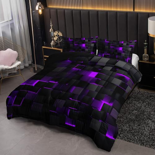 Image of Nttopship Neon Purple Black Comforter Set Full Geometric Kids Bedding Set,3 PCS Geometry Honeycomb Bed Set Modern Quilt Set 1 Comforter 2 Pillow Cases Cool Room Decor All Season B-Side Black