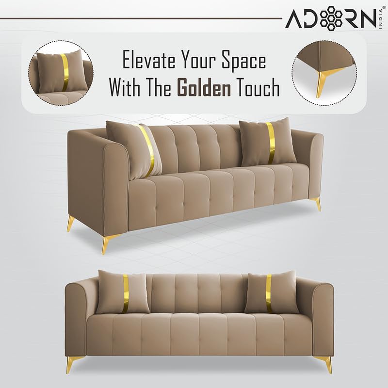 Image of Adorn India Premium Mystic - 3 Years Warranty - 3+2 Sofa Set Velvet Suede Fabric - Beige