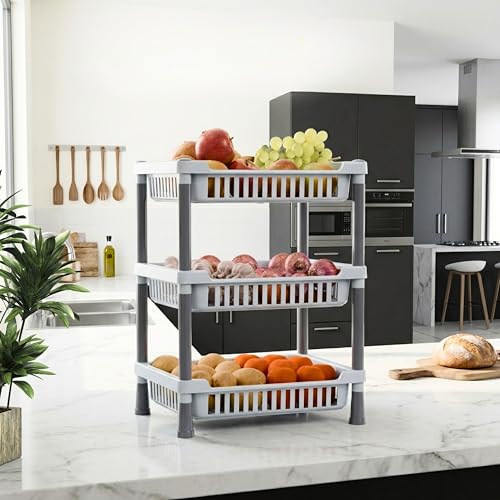 Image of MATIC HOUSEWARE 3-Layer Multipurpose Rack Stand | Durable Plastic Storage Organizer for Vegetables, Fruits, Pantry Items & Home Essentials | Space-Saving Free-Standing Shelf for Home & Kichen (Grey)