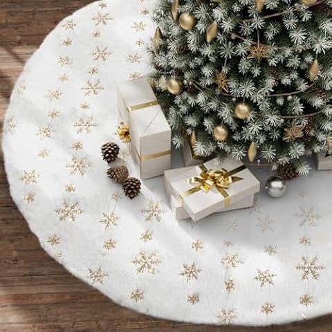 Soqool Christmas Tree Skirt- Gold Sequin Snowflake 36 Inch Faux Fur Plush Artificial Xmas Tree Skirt Holiday Christmas Party Decorations Xmas Tree Skirts Base Mat Thick Velvet Rugs Home Deco Cover