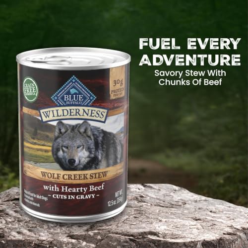 Blue Buffalo Wilderness Wolf Creek Stew with Hearty Beef in Gravy Adult Wet Dog Food, High-Protein & Grain-Free Recipe, 30g Protein, Made with Natural Ingredients, 12.5-oz. Cans (12 Count)