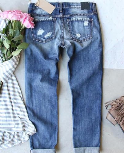 Plus Size Boyfriend Jeans for Women Trendy Cowboy Patch Work Distressed Jeans Casual Baggy Ripped Bling Blue Pants4