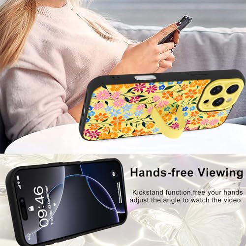 Image of for iPhone 16 Pro Max Case with Finger Strap Holder, Cute Colorful Floral Flower Print Pattern Design for Women Girls, Shockproof Anti Scratch Hand Kickstand Protective Cover, Yellow
