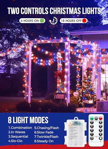 Image of Fairy Lights Battery Operated, 4th of July Decorations Red White and Blue,10 Feet 120LEDs Firecracker String Lights with Remote, Twinkle Lights for DIY Wreath Indoor Outdoor Independence Day Decor