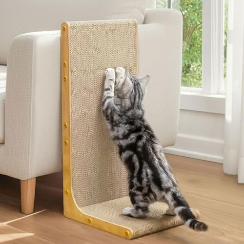 Conlun Rascador para Gatos, 58 cm Forma en L Montable en Pared, Panel de Rascado Vertical, Cartón Duradero para Proteger Muebles de Gatos de Interior, Grande,Efecto Madera