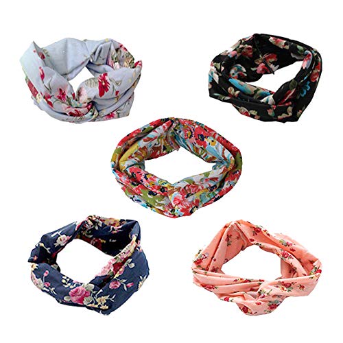 SEVENSTONE 5 Pack Headbands for Women Elastic Boho Flower Yoga Head Wrap Hair Band Soft