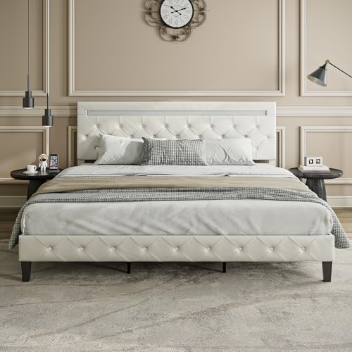 Forrise Queen Size Bed Frame with Headboard, Platform Bed Frame with Led Lights and Charging Station, Upholstered Adjustable Headboard, Easy Assembly, No Box Spring Needed, White