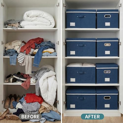 Image of PRANDOM Storage Bins with Lids [3-Pack] Linen Fabric Foldable Storage Boxes Organizer Containers Baskets Cube with Cover for Bedroom Closet Office Royal Blue(23.4X15.9X11.4)
