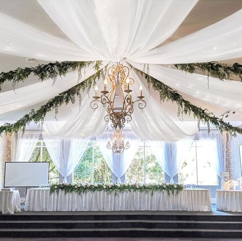 YedZen Rideau en Tulle Blanc, 6 m x 160 cm, 6 Panneaux Plafond Tenture Mariage, Transparent Voilage Blanc Drapé, Tissu en Tulle pour Décoration de Mariage,...