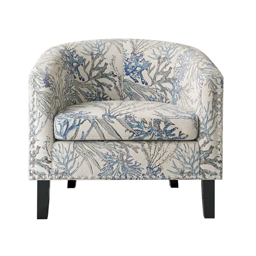 Image of BELLEZE Accent Barrel Chair, Modern Faux Leather Tub Club Chair Upholstered Armchair with Gold Nail Head Trim and Black Legs for Living Room Bedroom Apartment Lounge - Blue Coral