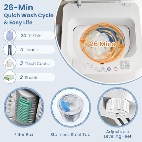 Image of VCJ 17Lbs Portable Washing Machine, Full-Automatic Top Load Washer with 10 Wash Cycles, 3 Water Levels & LED Display, Compact Electric Laundry Washer for Apartment, Dorms, RVs and Camping