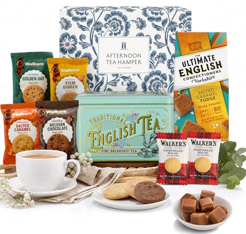 Hatties Gifts Afternoon Tea Hamper Gift Set - English Breakfast Tea Tin Shortbread Biscuits & Salted Caramel Fudge - Gourmet Food Gift Hamper Box for Women and Men