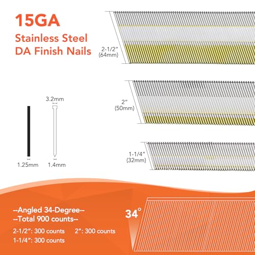 Image of PINOZE 15 Gauge DA Stainless Steel Angled Finish Nails, 34-Degree, 900-Pack (2-1 /2 inch, 2 inch, 1-1 /4 inch 300 Per Sizes), Assorted Size Project Pack, for Pneumatic, Electric Angled Finish Nailer Gun