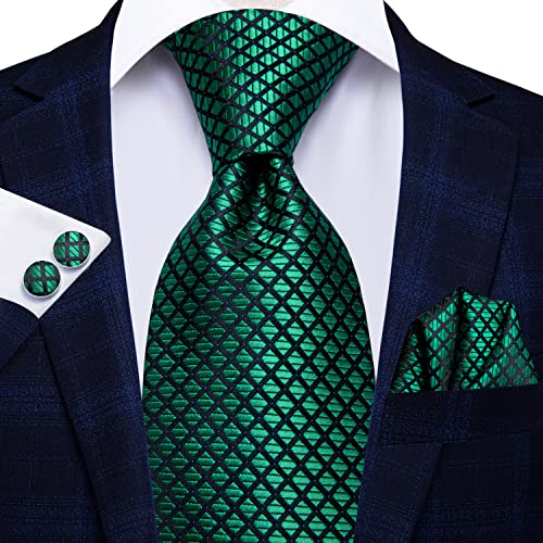 Image of Hi-Tie Mens Plaid Ties Classic Paisley Necktie with Handkerchief Cufflinks Set Business Stripe Tie