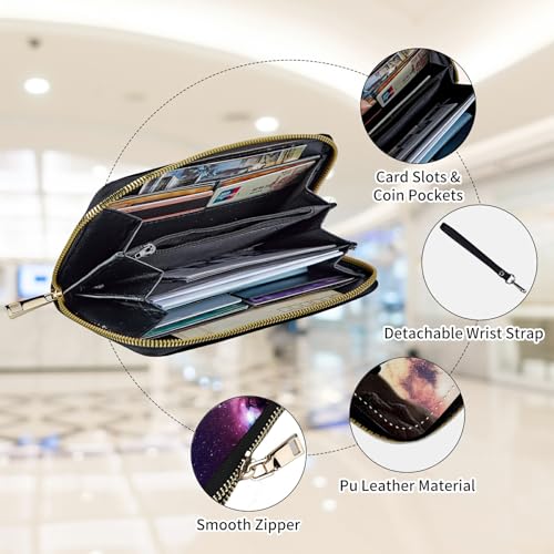 Womens Wallet, Large Capacity RFID Blocking PU Leather Wristlet Wallets for Women Ladies Men Credit Card Holder Zipper Phone Holder Clutch Travel Purse, Galaxy Cat3
