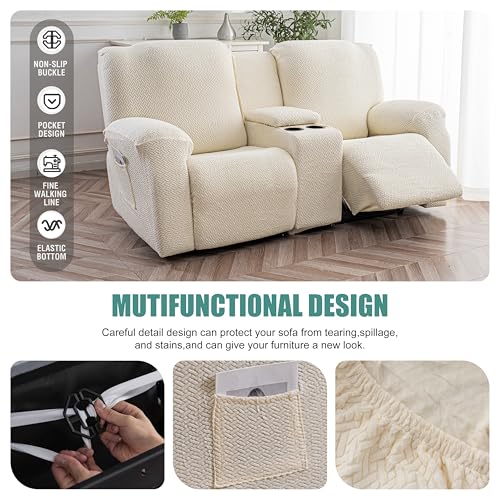 Image of Genina Recliner Loveseat Covers with Console, Stretch Reclining Sofa Covers, 2 Seater Couch Cushion Stripe Jacquard Recliner Slipcovers - Furniture Protector Covers for Pet Kid (Beige)