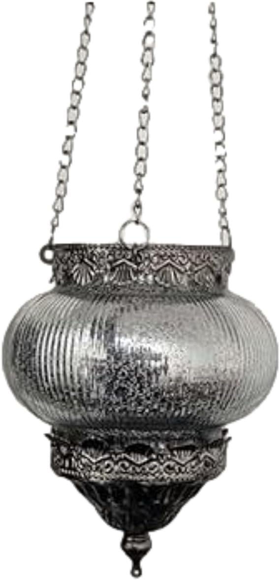 Fyne-Finds Silver Glass Hanging Lanterns 48Cm Glass & Metal Moroccan Tea Light Holders With Chain Antique Metallic Finish Home Decor Candle Pendant Lamps (1)