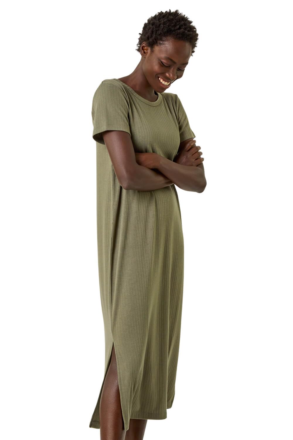 Roman Women's Khaki Ribbed Stretch Midi Dress Size 18