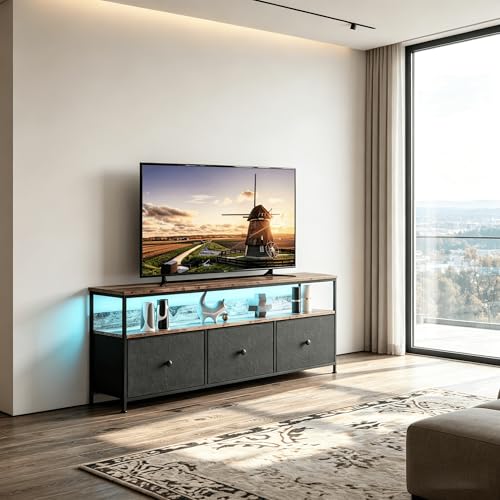 HYNHXBP Meuble TV rétro avec éclairage LED, avec 3 tiroirs, Meuble multimédia, Centre de Divertissement, Console multimédia, Meuble TV de Salon, 137x30x57- Tiroir...