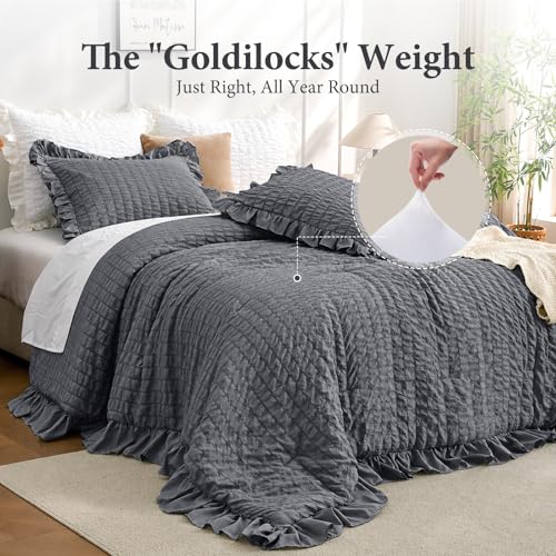 Image of JOLLYVOGUE Dark Gray Queen Comforter Set, 3 Pieces Seersucker Bedding Comforter Sets, All Season Bed in a Bag Queen, Lightweight & Fluffy Queen Bedding Set with 1 Comforter, 2 Ruffle Pillowshams