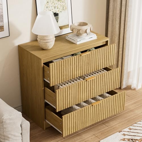 Image of Furniway 31.5 inch Large Nightstand with 3 Drawers, Fluted Bedside Table, Modern Tall End Table with Storage, Wood Night Stand Organizer Cabinet for Bedroom, Natural Oak