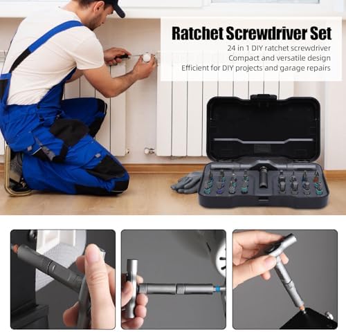 Ratchet Screwdriver Set, 24 in 1 with Storage Box Steel Multi Bit DIY Ratchet Screwdriver Set for Furniture Computer Bike