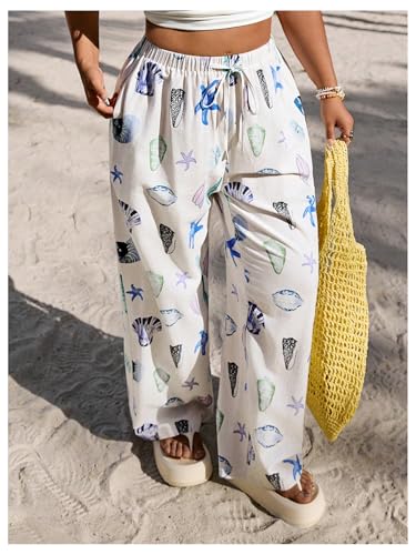 MakeMeChic Women's Boho Plus Size Starfish Wide Leg Pants High Waist Tie Front Drawstring Trousers3
