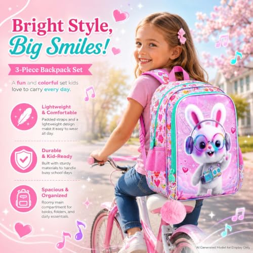 Image of AGSDON 3PCS Backpack for Girls, 16 inch Little Kids Rabbit Preschool Bookbag, Elementary Backpacks and Lunch Box - Purple