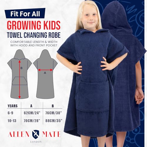 Image of ALLEN & MATE 100% Cotton Kids Hooded Surf Poncho Changing Robe, Quick Absorbent Wearable Swim Towel Boys & Girls, 6-13 Years