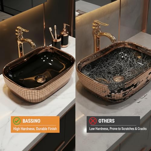 Image of BASSINO 18x13x5.5 Inches Table Top Washbasin /1 Year Warranty /Ceramic Wash Basin for Bathroom /Rectangular Shape Counter Top Wash Basin for Dining Hall /Living Room /Vessel Sink(Glossy Black & Rosegold)