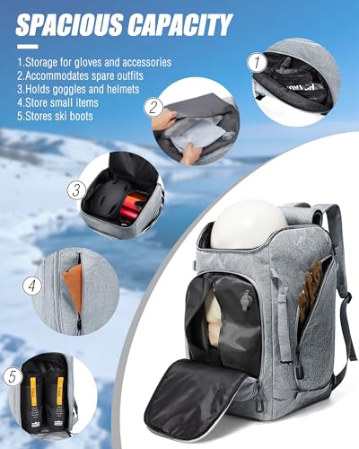 Image of Ski Boot Bag Ski and Snowboard Boots Backpack for Ski 60L Vacuum Travel Backpacks with Pump Waterproof Snowboard Boot Bagfor Helmet, Goggles, Gloves, Skis, Snowboard & Accessories(Grey)