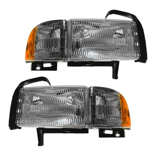 Image of TRQ 2 Piece Headlight Assembly Set Chrome Bezel Driver & Passenger Side Compatible with Dodge Ram 1500 Ram 2500 Ram 3500 1994-2002 CH2502101 CH2503101 55076748AD 55076749AD 55076748AO 55076749AO