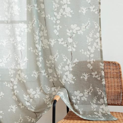 Image of BFAM Sheer Curtain with Floral Print, Premium Printed Sheer Drapes, Eyelet /Grommet Curtain for Living Room, Bedroom, Light Filtering Curtains, Grey Floral 12 Feet,Pack of 1 Curtain