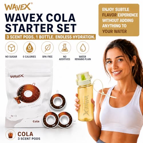 Image of WaveX Scented Water Bottle with 3 Cola Scent Pods, BPA Free, Flip Top Leak-Proof Lid, Straw & Carry Strap Included, Enhance Hydration with Subtle Aroma Experience,No Sugar or Calories (Golden Yellow)