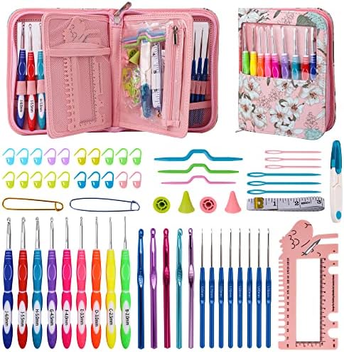 Aedcbaide Crochet Hooks Set with Organizer Bag, 60pcs Soft Handle Ergonomic Crochet Knitting Needles Kit 0.6mm to 10mm, DIY Hand Knitting Craft Art Tools for Crochet Starter Lovers