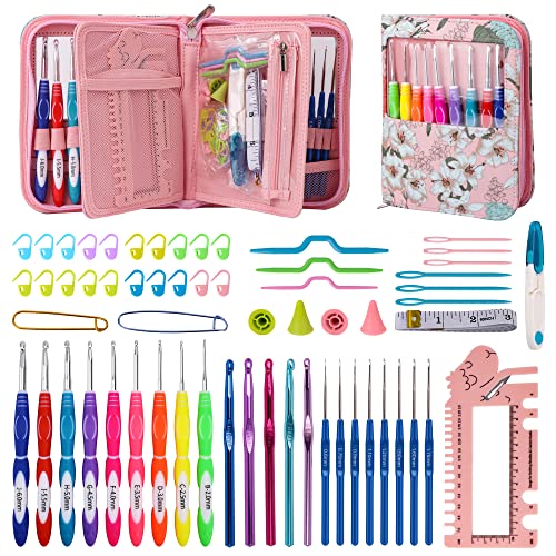 Aedcbaide Agujas de Ganchillos con bolsa organizadora, Juego de Ganchos de Ganchillo ergonómicas con mango suave de 0,6 mm-10 mm, Agujas de tejer Herramientas de costura Juego completo Cover