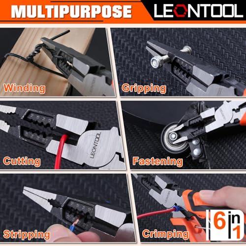 LEONTOOL 6-in-1 Long Nose Plier, 8" Multipurpose Needle Nose Pliers with Wire Stripper/Crimper/Cutter Function - Image 3