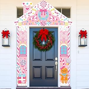 3 piezas de decoración de puerta de Navidad de caramelo rosa, casa de jengibre, cubierta de puerta delantera, pancarta, porche, decoración colgante de Navidad, suministros de fiesta para