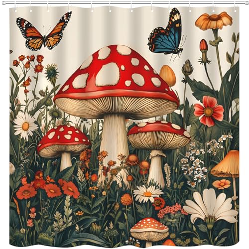 Rustic Mushroom Shower Curtain Plant Leaves Butterfly Spring Wildflowers Watercolor Vintage Floral Botanical Nature Women Bathroom Curtains Polyester Fabric Bathtub Decor with Hooks 70 x 70 Inch