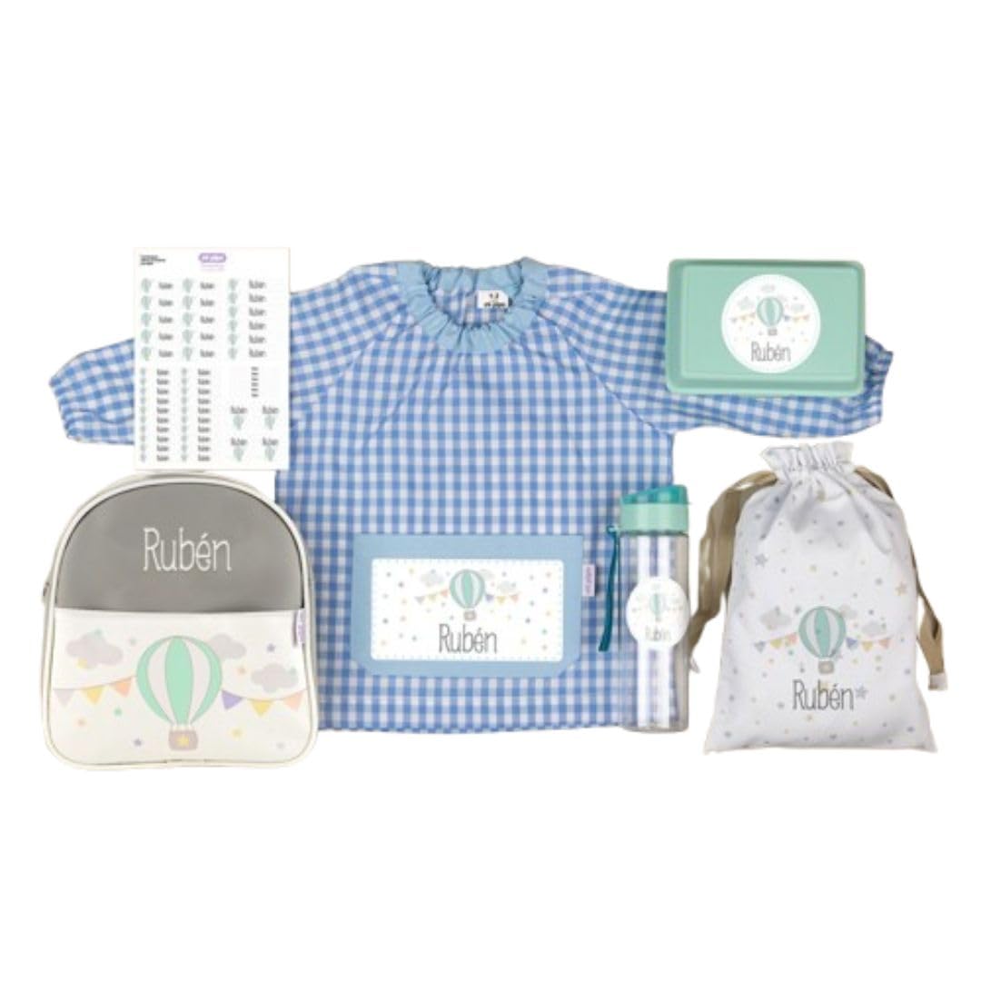 Pack Guarderia Personalizado - Globo Azul | Pack Vuelta al Cole Primaria con Todo lo Necesario | Personalizado con Nombre, Cómodo, 1-2 Años, Fácil de Lavar | Ideal para Guardería, Colegio