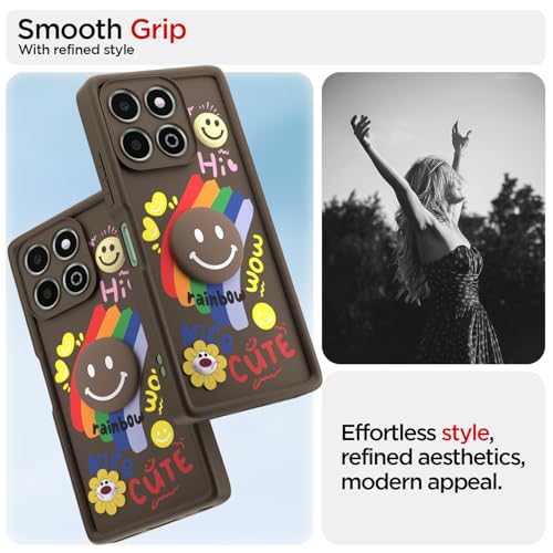 Image of Pikkme Back Cover for Honor X6b | Soft Silicone| Cute Rainbow Smile & 3D Cartoon Flower Design | Shockproof Raised Camera Protection Bumper Case (Brown)