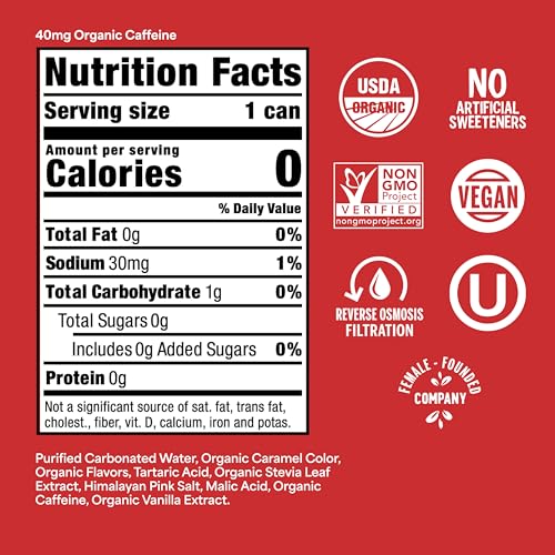 Image of Nixie Organic Zero Sugar Soda, Classic Cola, Healthy Soda Pop, Non-GMO, 0 Sugar, 0 Calories, 40mg Caffeine, 12oz Cans (12 Pack)