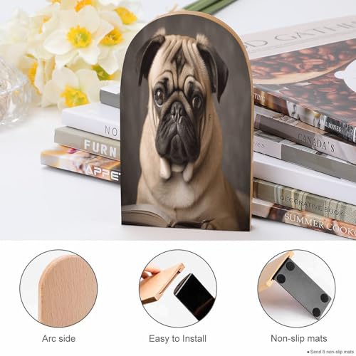 Sujetalibros de madera con diseño de perro carlino para estanterías de hogar 5