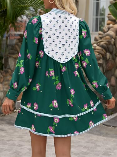 Image of Wenrine Womens Casual Floral Mini Dress Fall Long Sleeve V Neck Patchwork Loose Boho Shirt Dresses