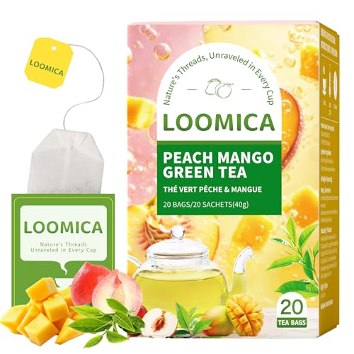 Image of LOOMICA Mango Peach Green Tea, Fruity Tropical Green Tea Blend with Juicy Mango & Sweet Peach, Refreshing Hot or Iced Tea, No Artificial Sugar Added, 20 Count