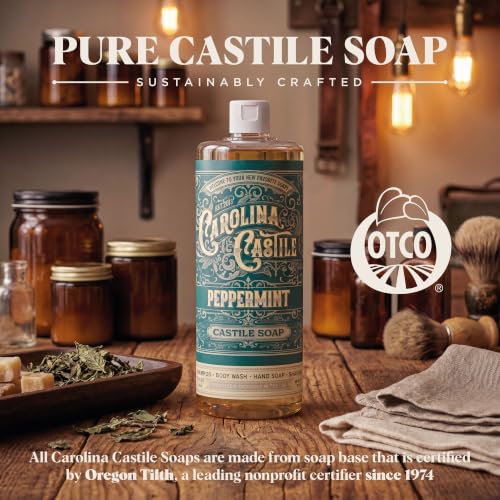 Image of Carolina Castile Soap Peppermint Scent - Certified Organic Base, High Olive Oil Content, Non-Drying, Made with Organic Oils, Concentrated Natural Body Wash for Men and Women (Peppermint, 1 gallon)